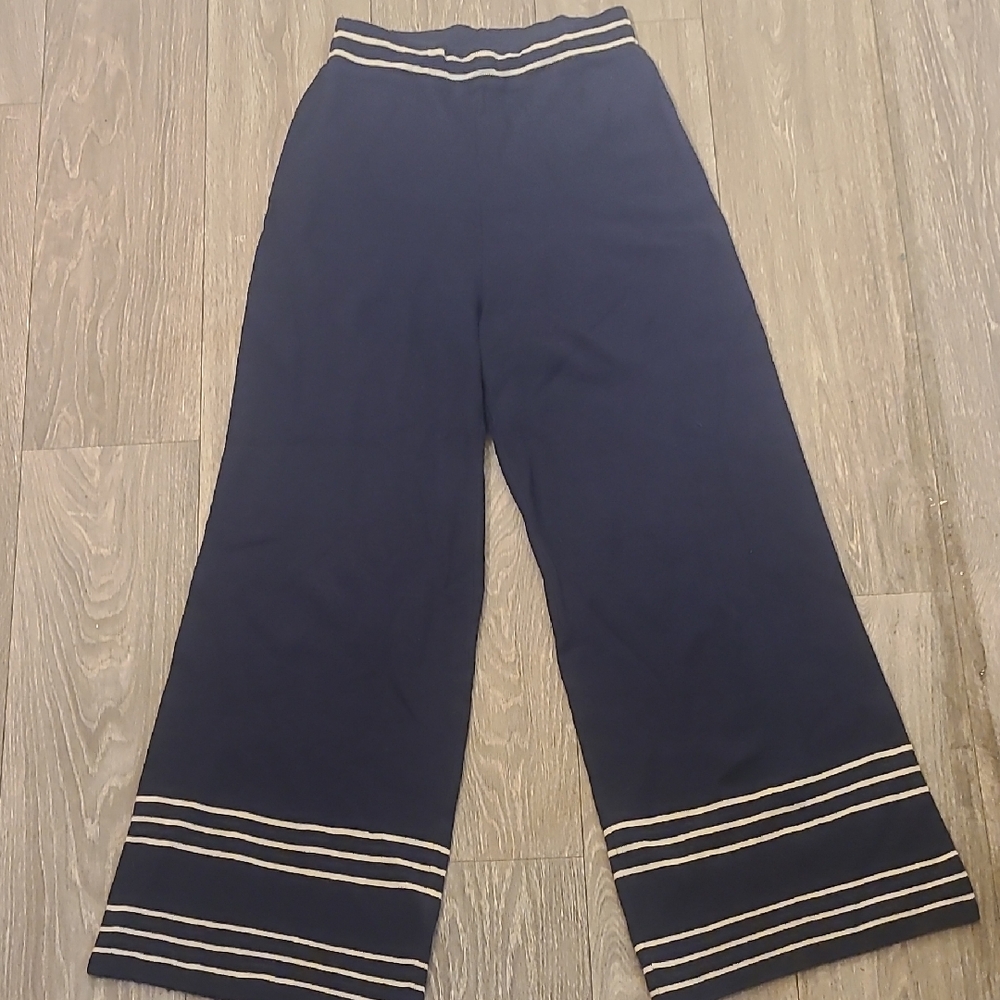 Navy Blue Wide-Leg Trousers with White Stripes